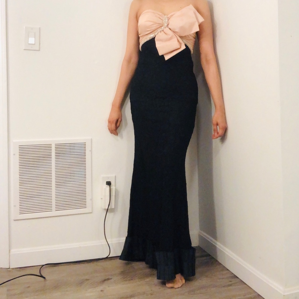 Nicole Bakti Lace Strapless Bow Long Evening Gown